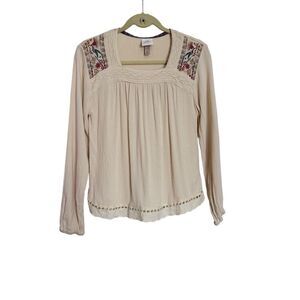 Knox Rose Top Womens Sz XS Cream Blouse Lace Eyelet Trim Long Sleeve Square Neck